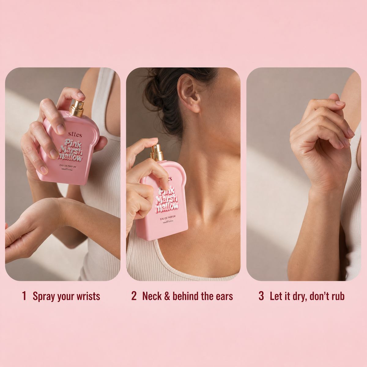 Three steps showing how to apply the pink marshmallow perfume to wrists and neck.