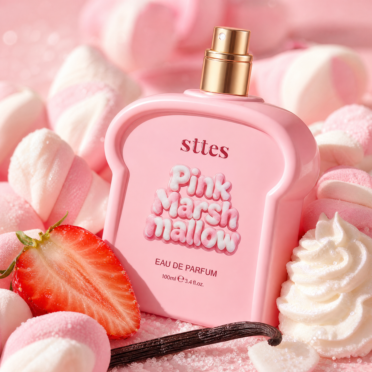 The pink marshmallow perfume surrounded by marshmallows, strawberry, vanilla and whipped cream.