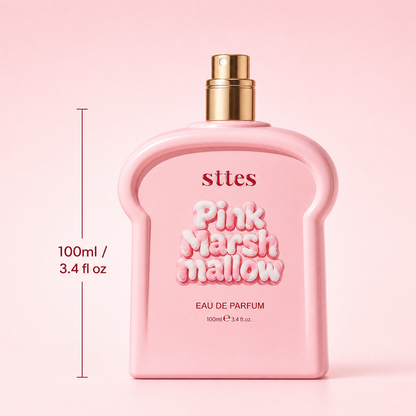 The pink marshmallow perfume bottle with a 100ml / 3.4 fl oz size label.