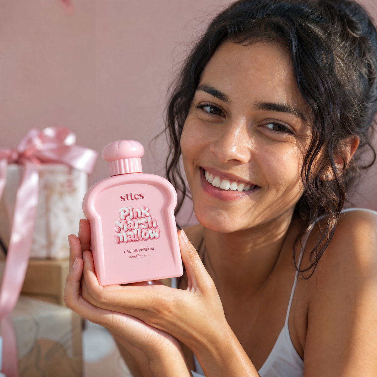 A smiling young woman holds the pink marshmallow perfume up in both hands like a gift.