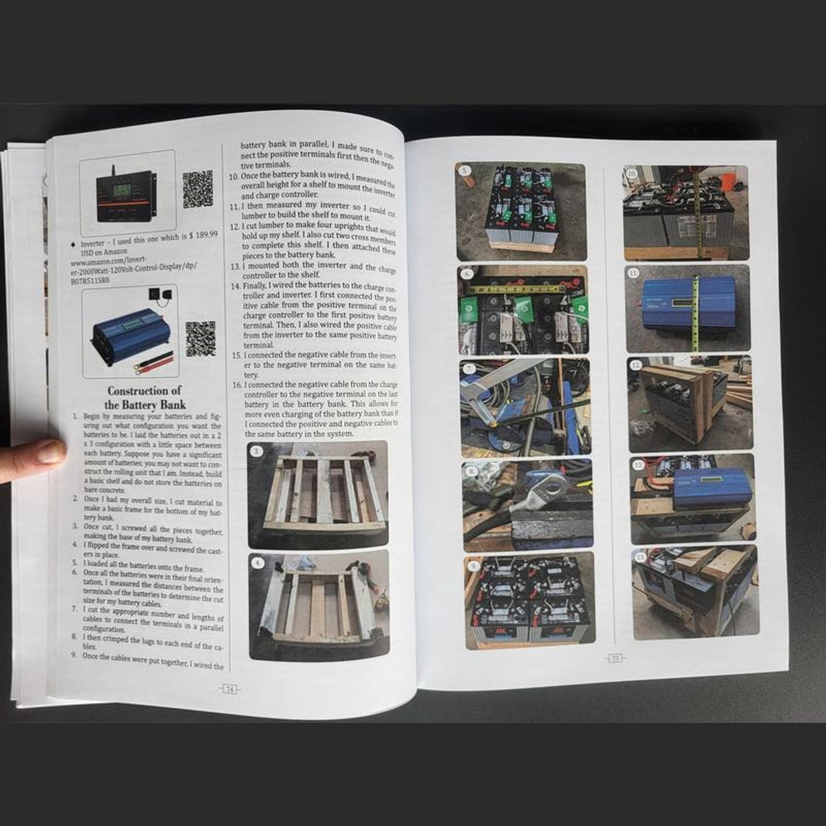 Real inside pages of the book: a battery bank project with numbered photos, parts and QR codes