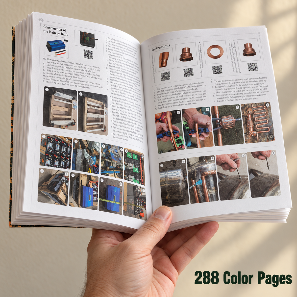A hand holding the open book with its pages fanned, showing the thick page block and color project photos.