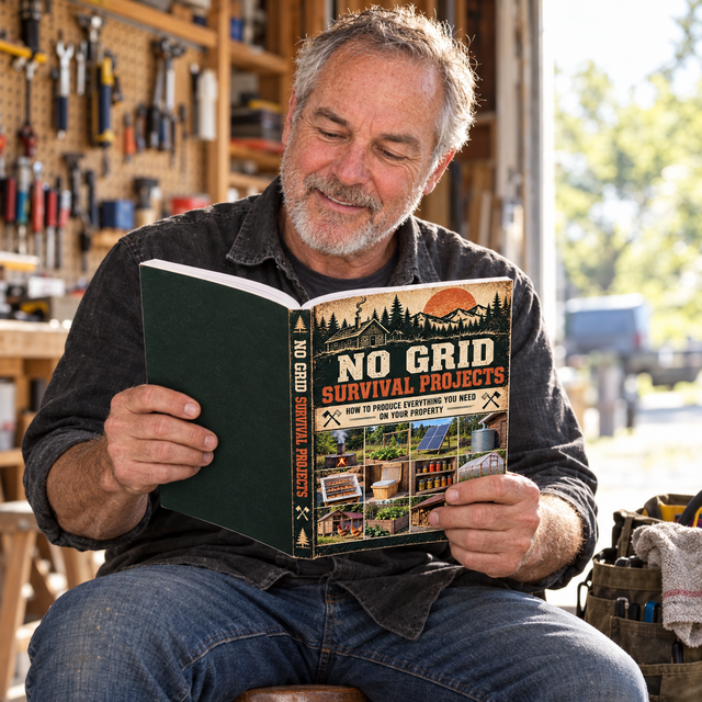 A man sits on a stool in his garage, reading a project in the open book.
