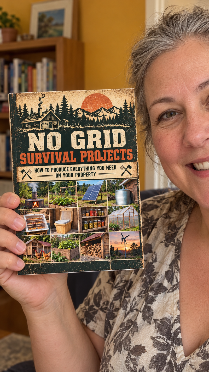 A smiling woman holds up the No Grid Survival Projects book in a warmly lit room at home.