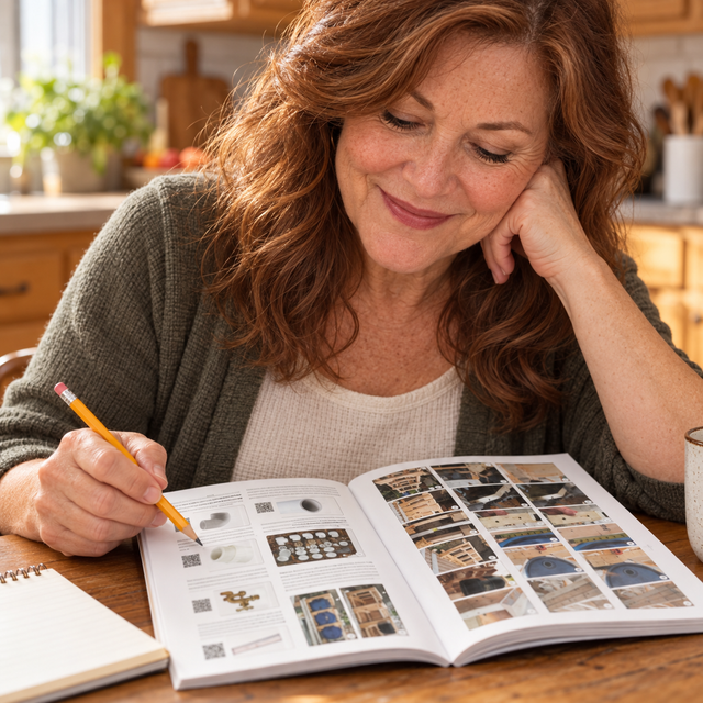 A woman sits at her kitchen table with a pencil, going through the materials page of the open book.