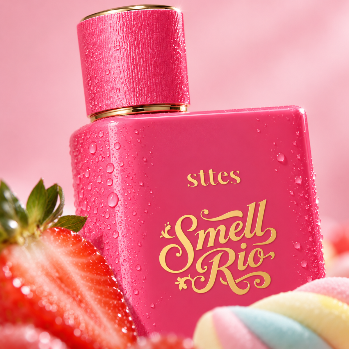Close-up of the textured pink cap and gold Smell Rio lettering on the Strawberry Gummies perfume bottle with water droplets.