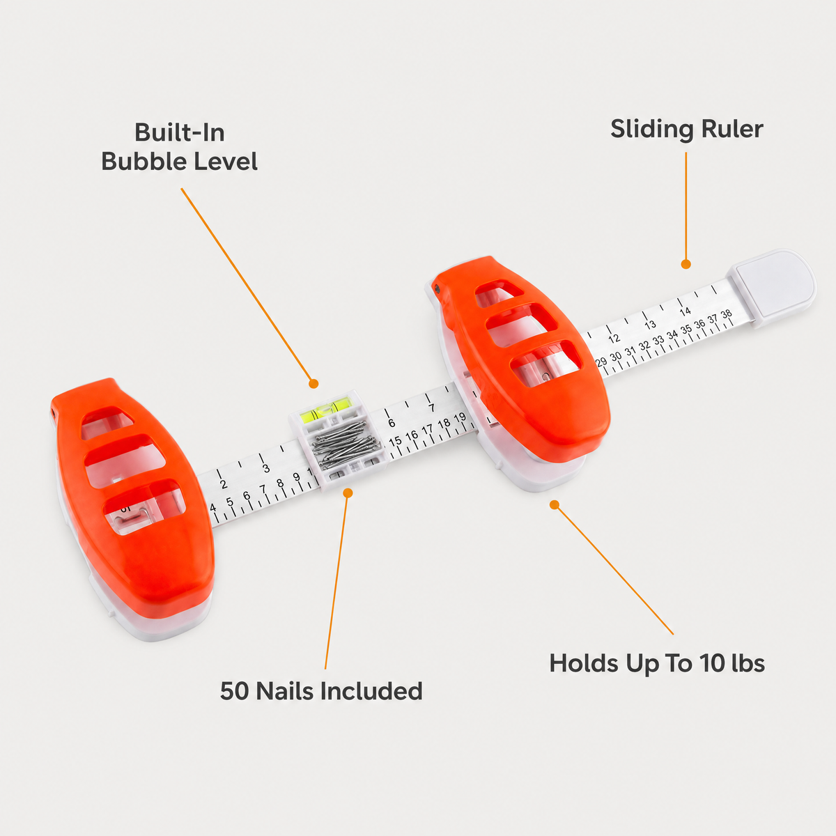 The orange tool with four labeled callouts for its level, ruler, nails and weight.
