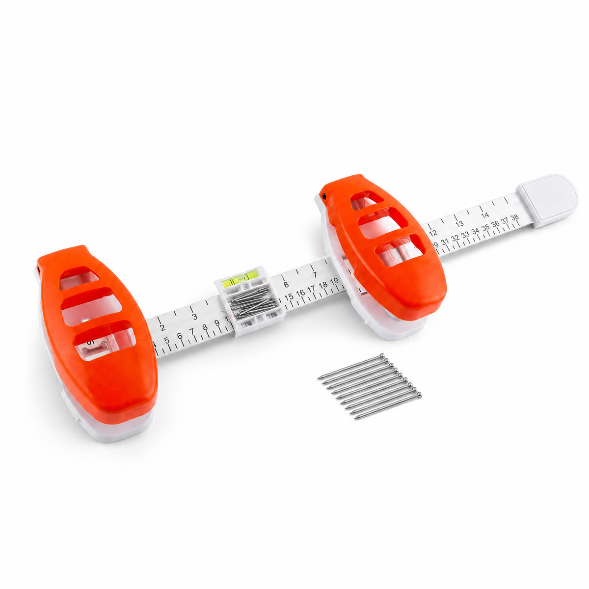 The orange picture hanging tool with nails on a clean white background.