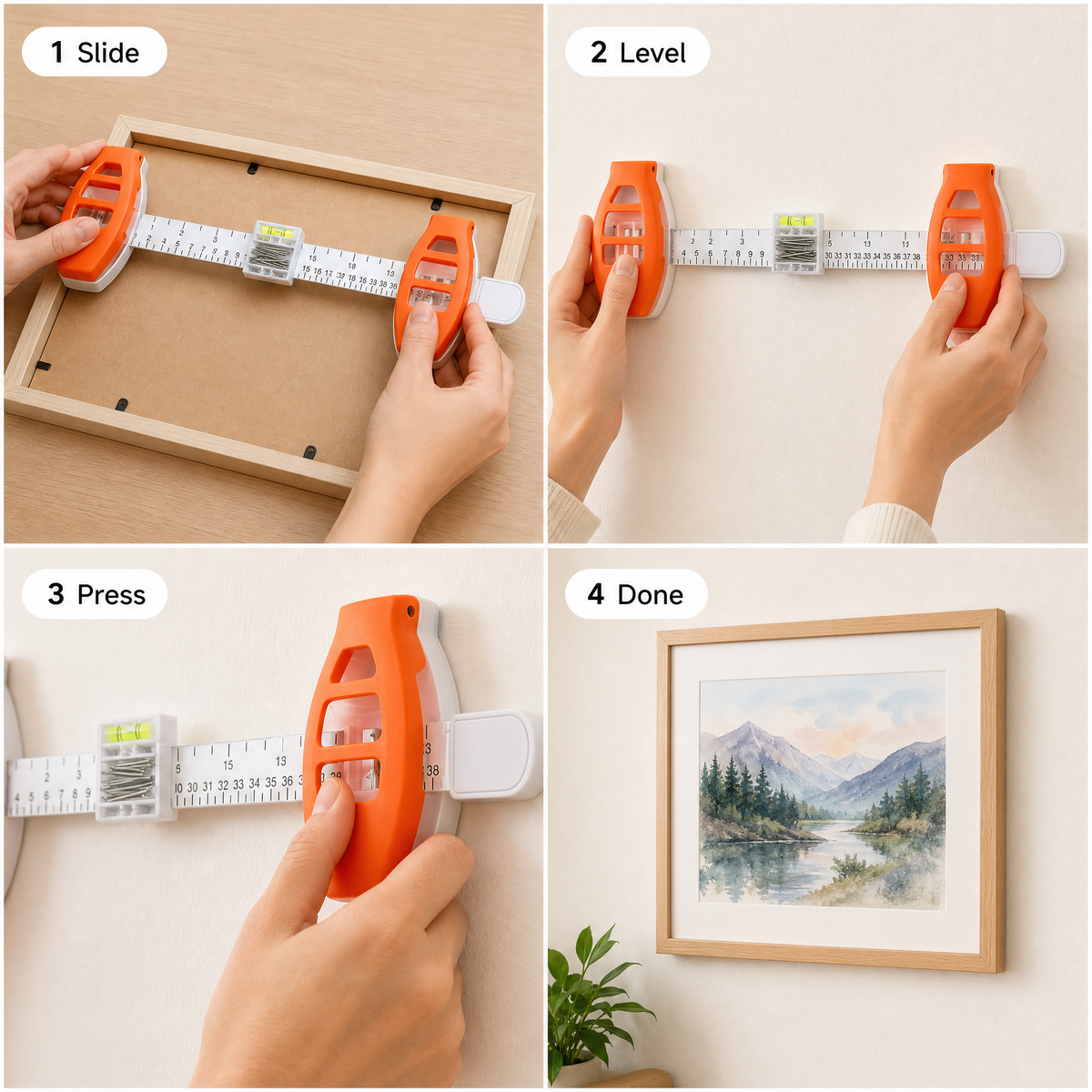 Four steps showing how to slide, level, press and finish with the orange tool.