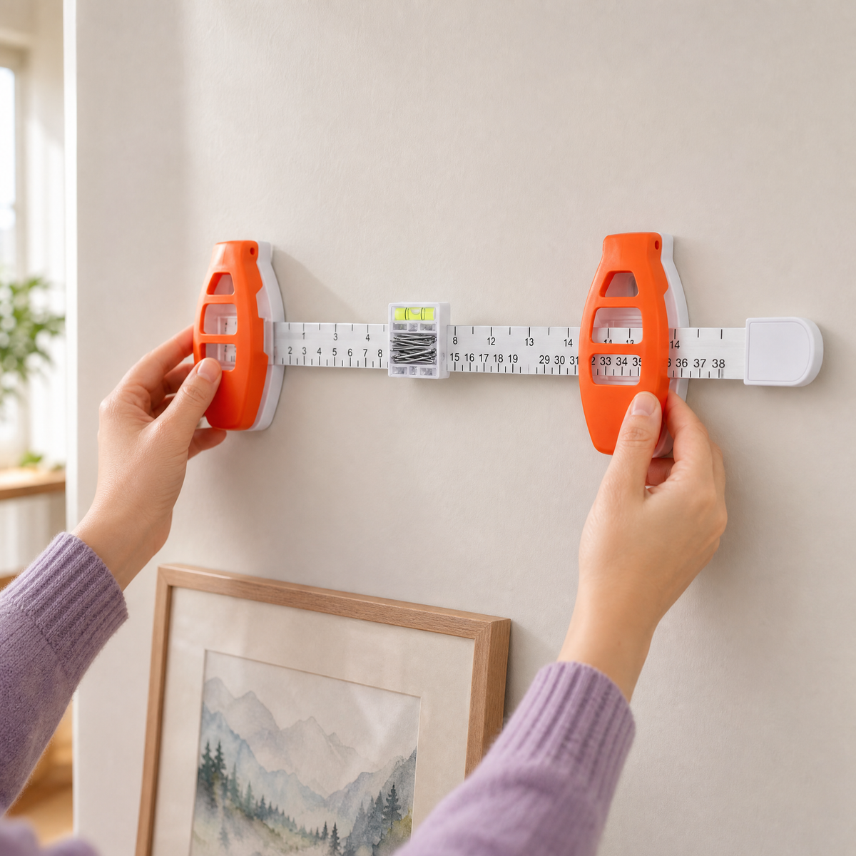 Hands holding the orange picture hanging tool level against a light wall.
