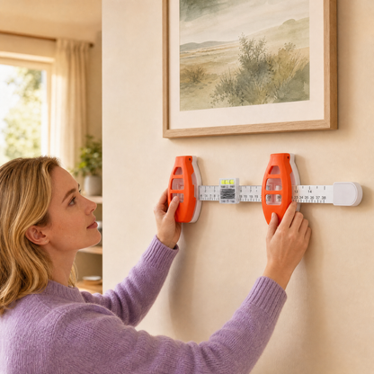 A woman holding the orange tool level against a wall to hang a framed print.