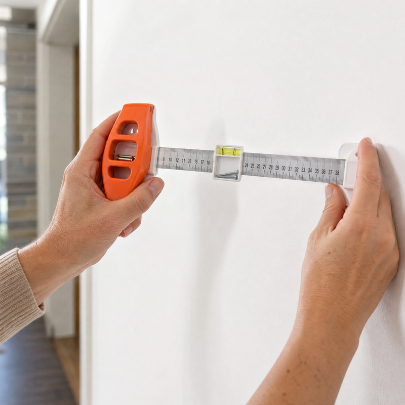 One orange handle used solo to set a single nail in a white wall.