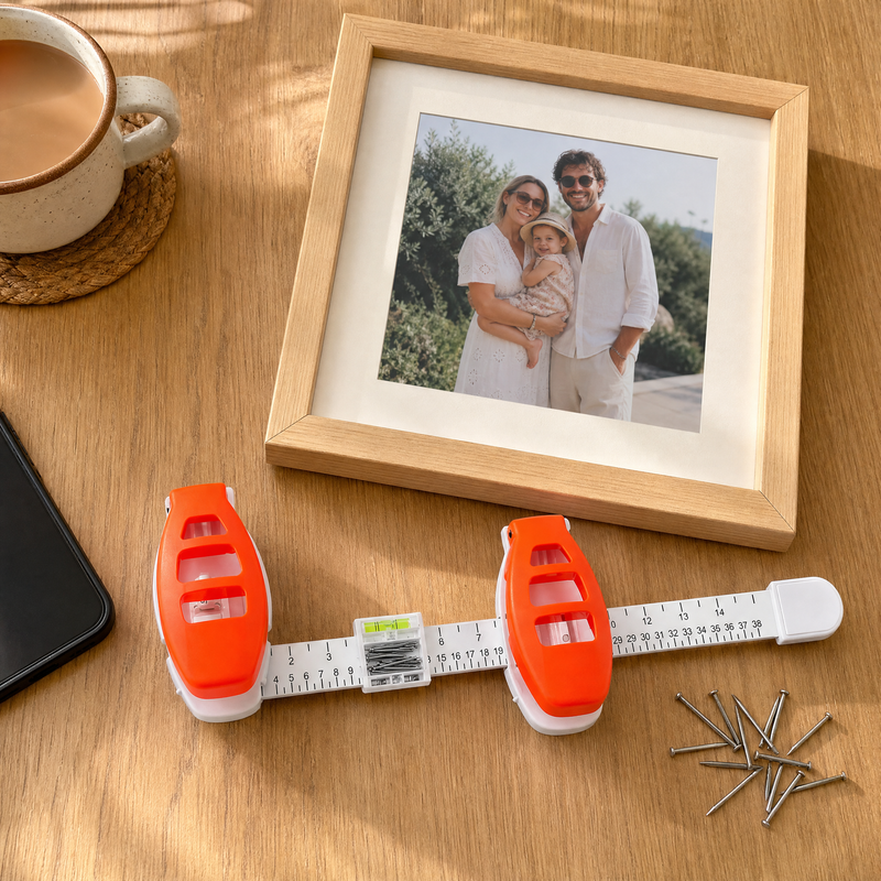 Overhead view of the orange tool, a framed photo and loose nails on a table.