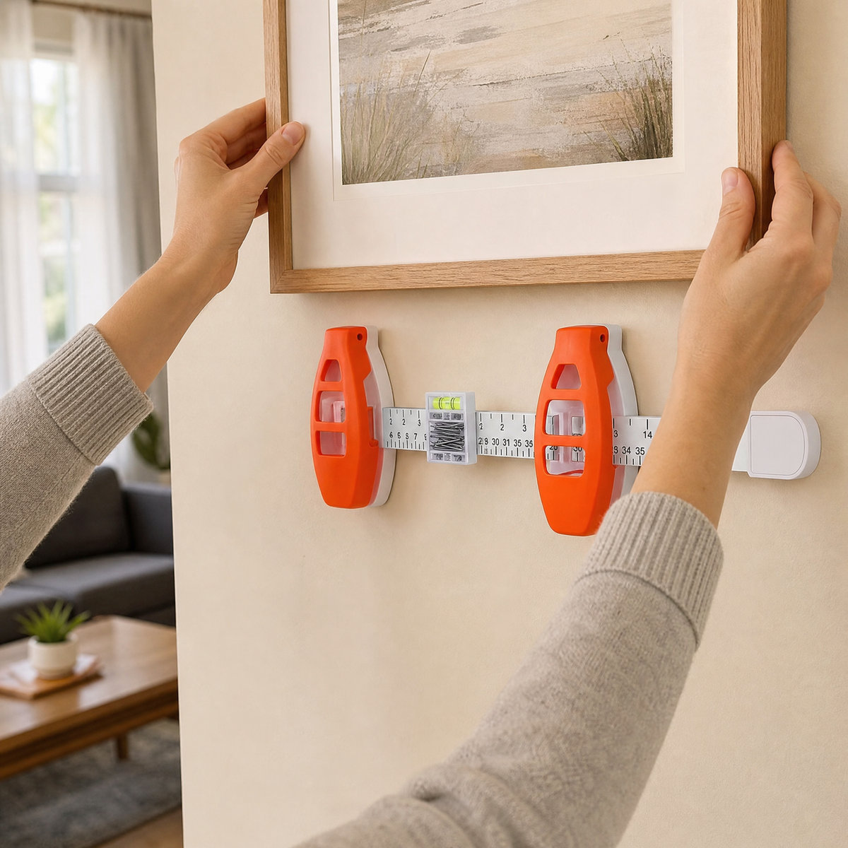 The orange hanging tool held level on a warm wall while hanging a framed print.