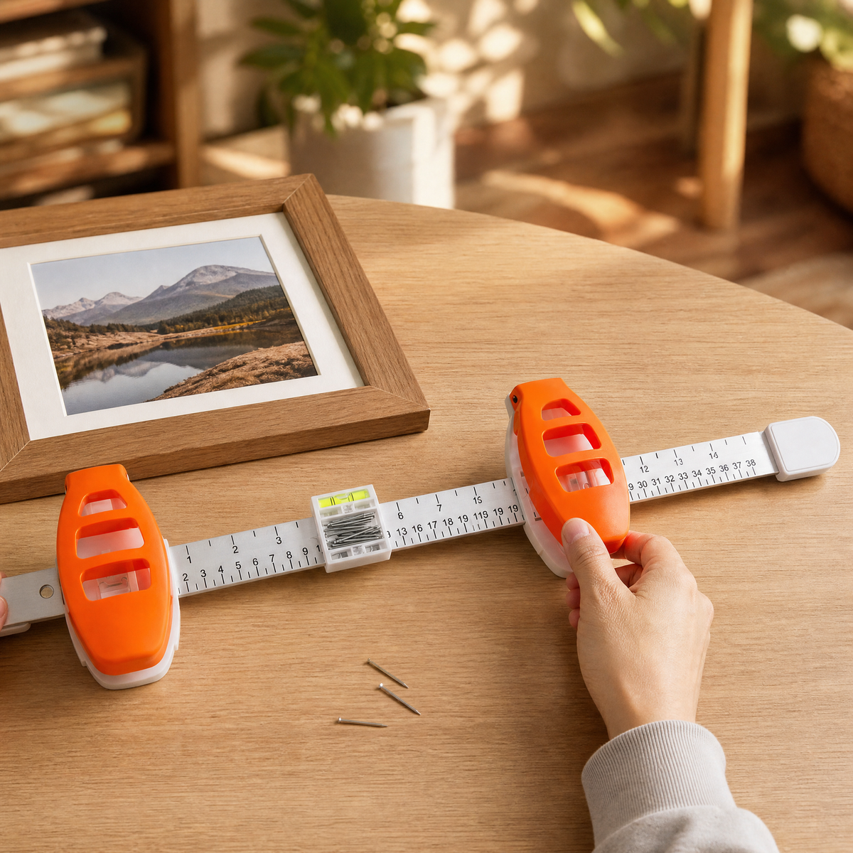 Hand sliding the orange tool handle along its ruler beside a picture frame.