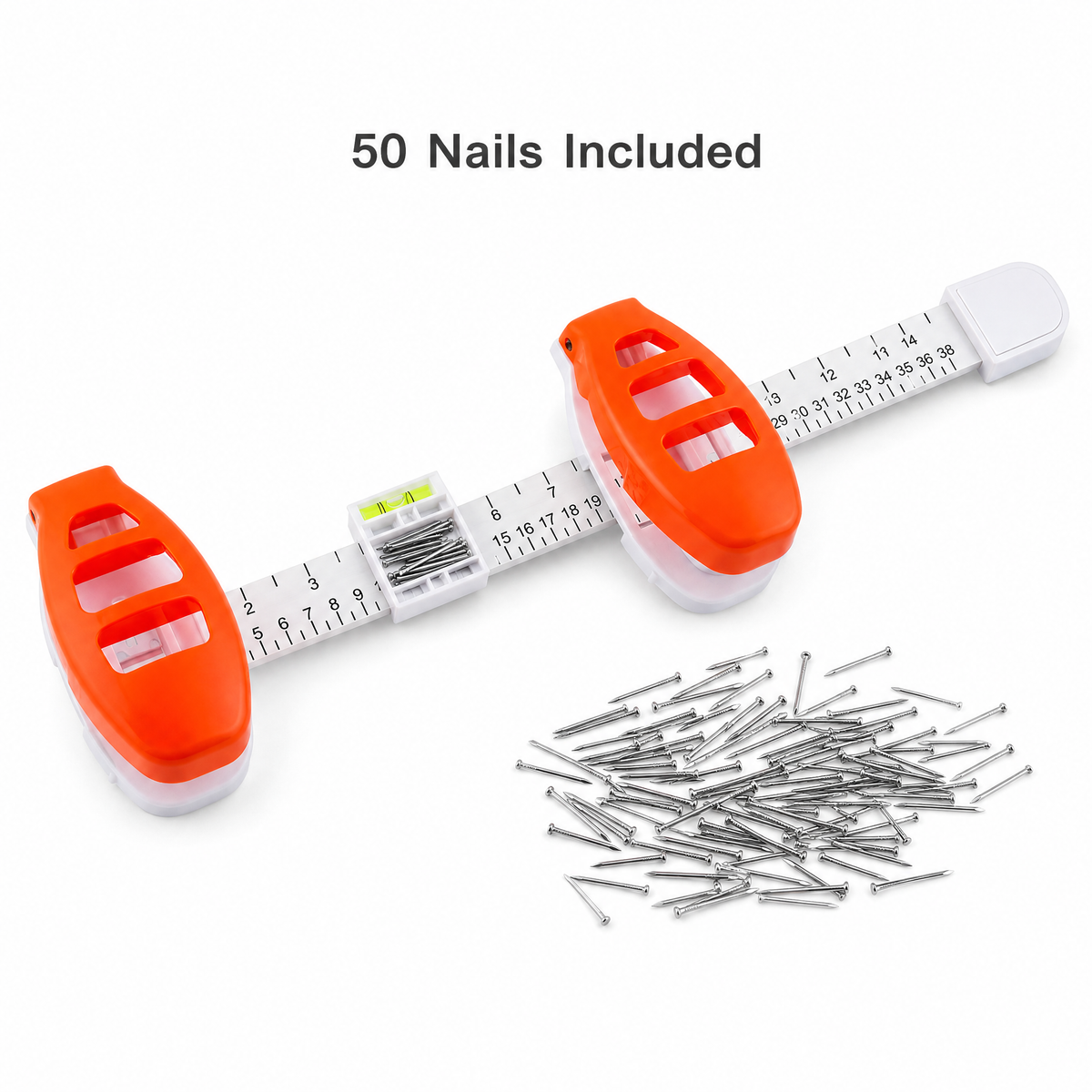 The orange tool beside about fifty nails with a 50 Nails Included label.