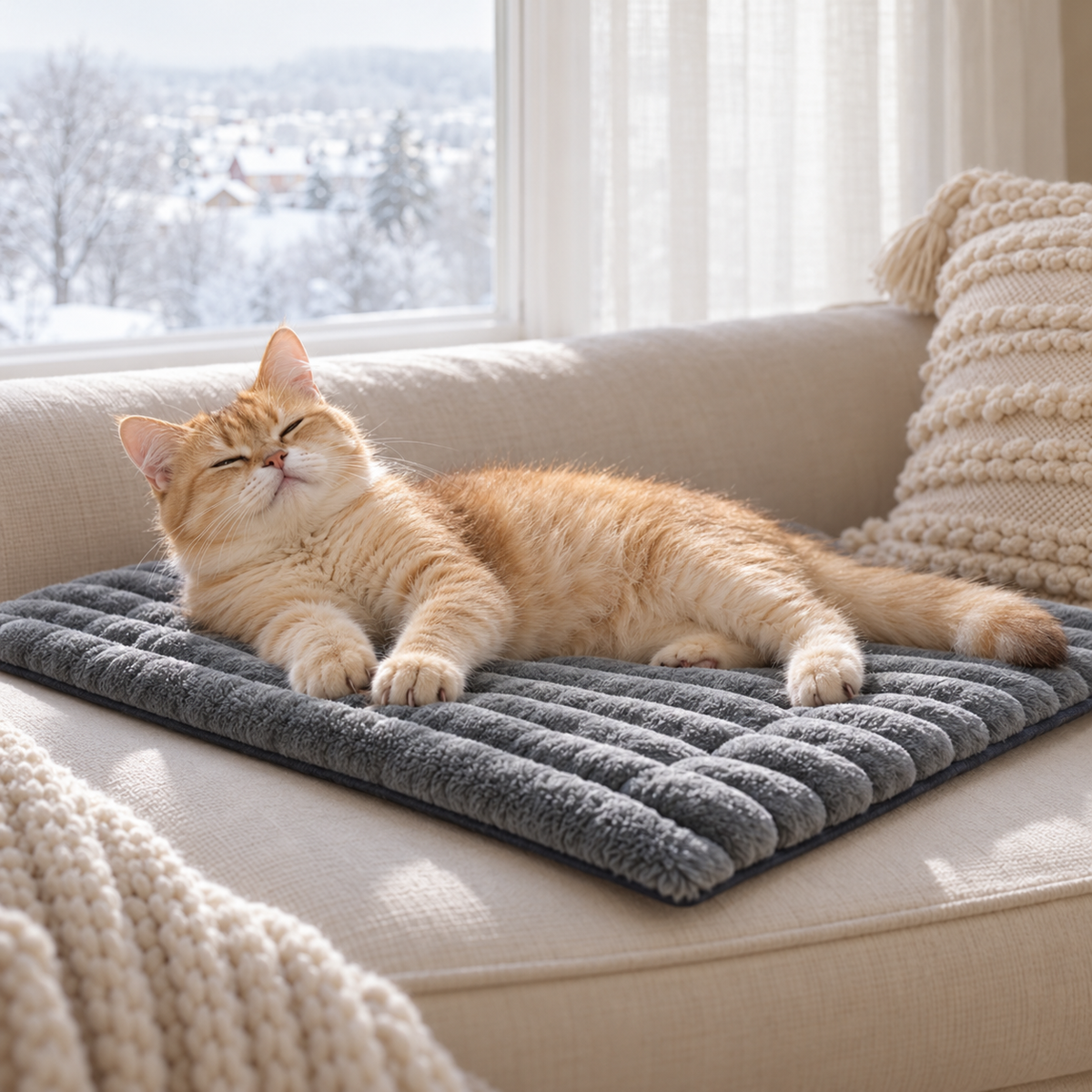 A ginger cat stretches out and kneads the grey self-warming mat on a cream couch by a snowy window.