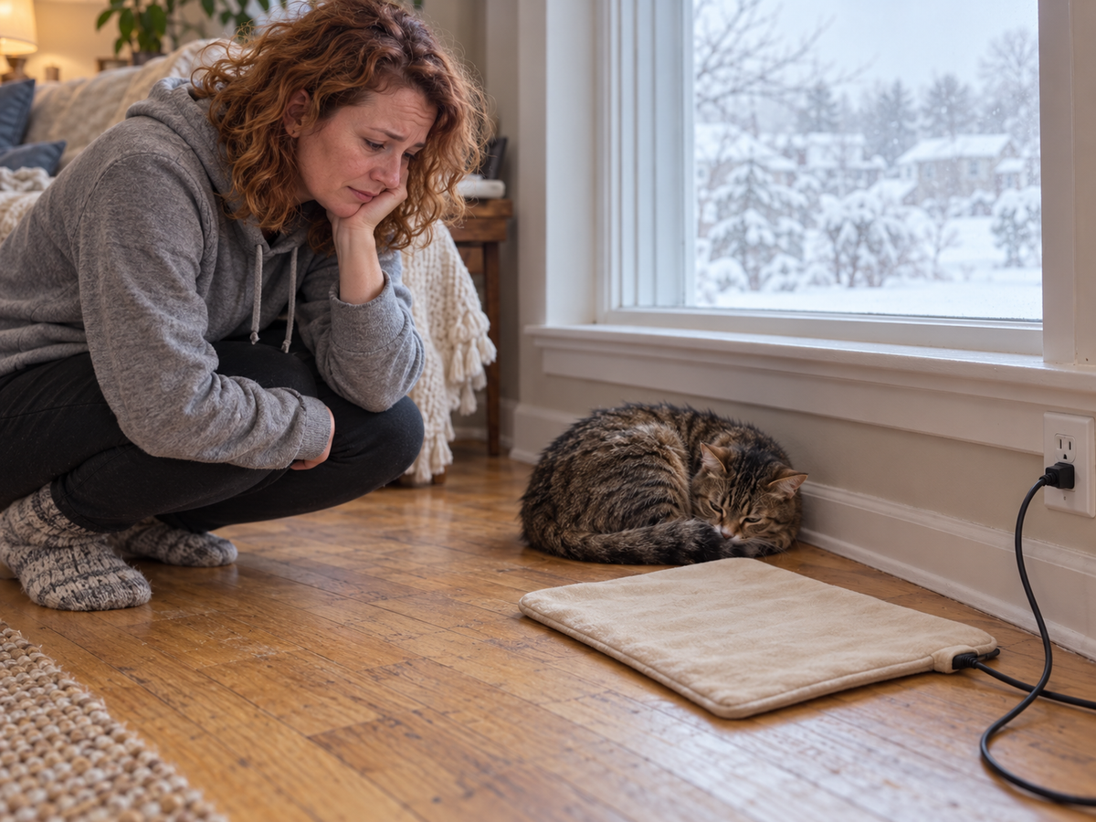 A worried woman crouches beside her cat curled up on a cold hardwood floor, with a plug-in heating pad's cord running to the wall.