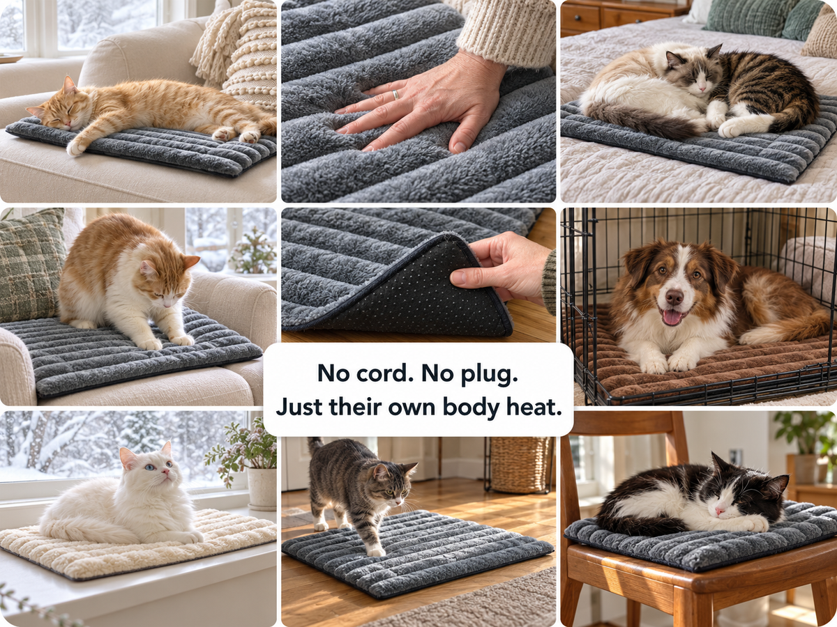 A grid of home snapshots of cats and a dog resting on the self-warming mat on couches, beds, crates and floors, with a center card reading No cord. No plug. Just their own body heat.