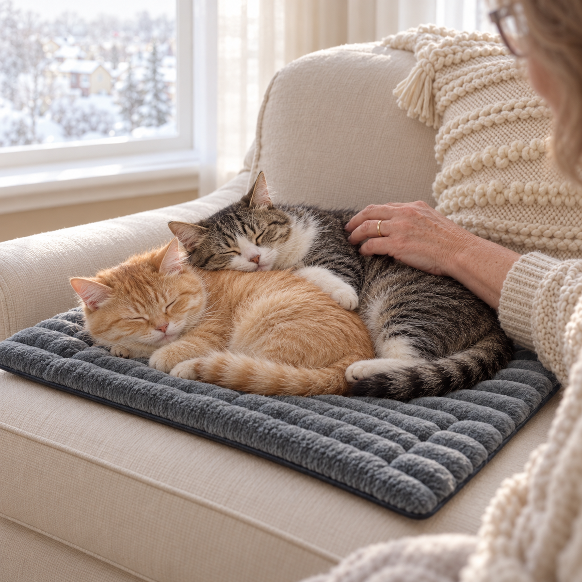 Two cats sleep curled together on the grey self-warming mat on an armchair while a hand strokes one of them.