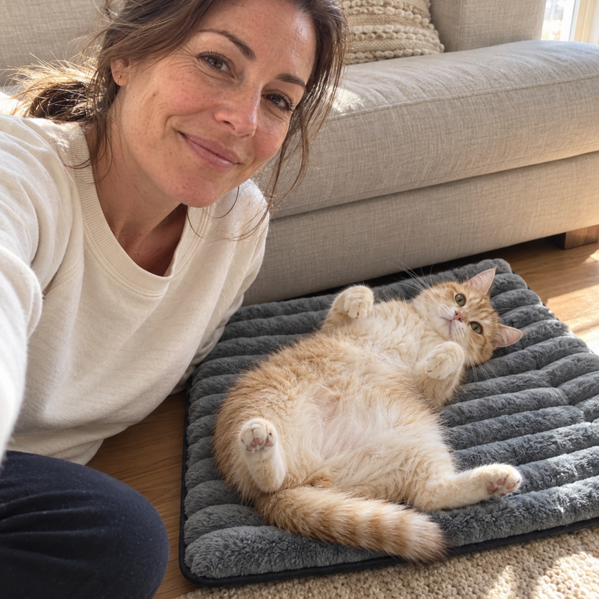 A smiling woman takes a selfie next to her cat lying belly-up on the grey self-warming mat on a hardwood floor.