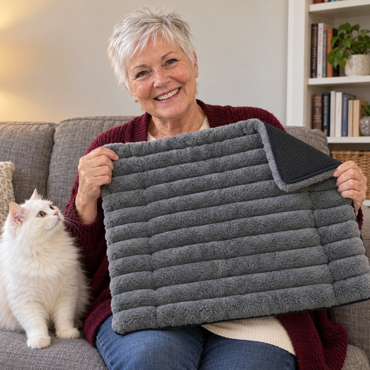 An older woman on her couch holds up the grey self-warming mat, with no cord attached, while her white cat looks up at it.