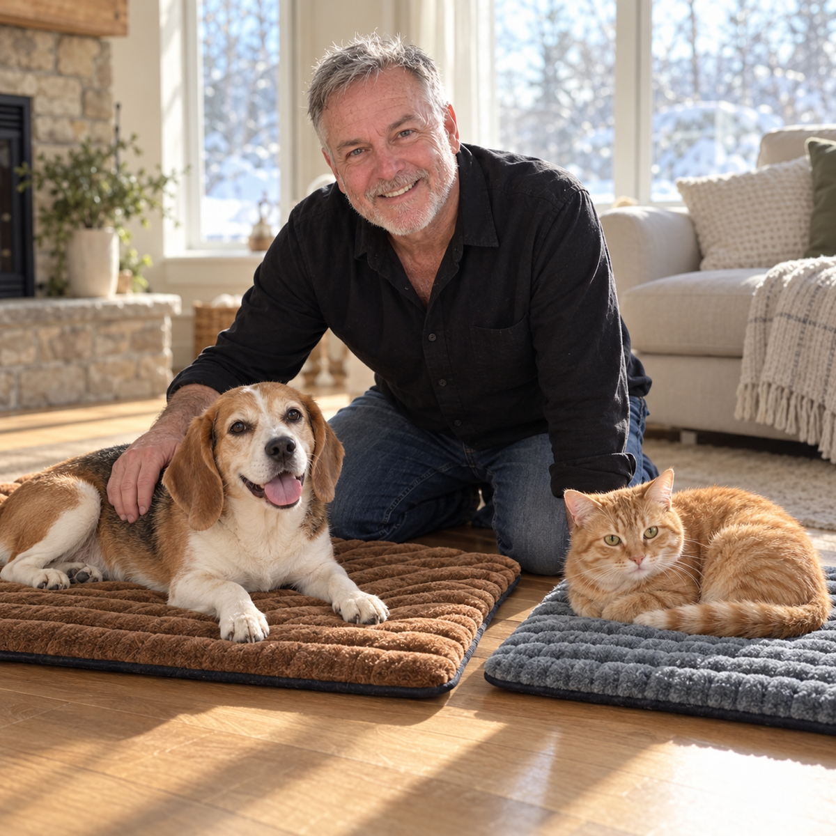 A smiling older man kneels beside his dog on a large brown mat and his cat on a smaller grey mat on a living room floor.