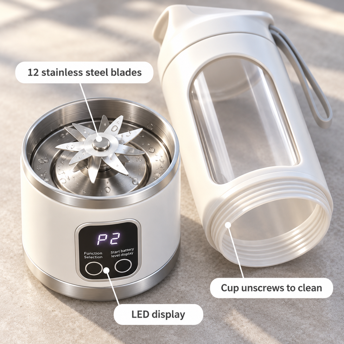 Close-up of the portable blender's stainless steel blade base beside its unscrewed cup, with callouts for the blades, the screw-off cup and the LED display.