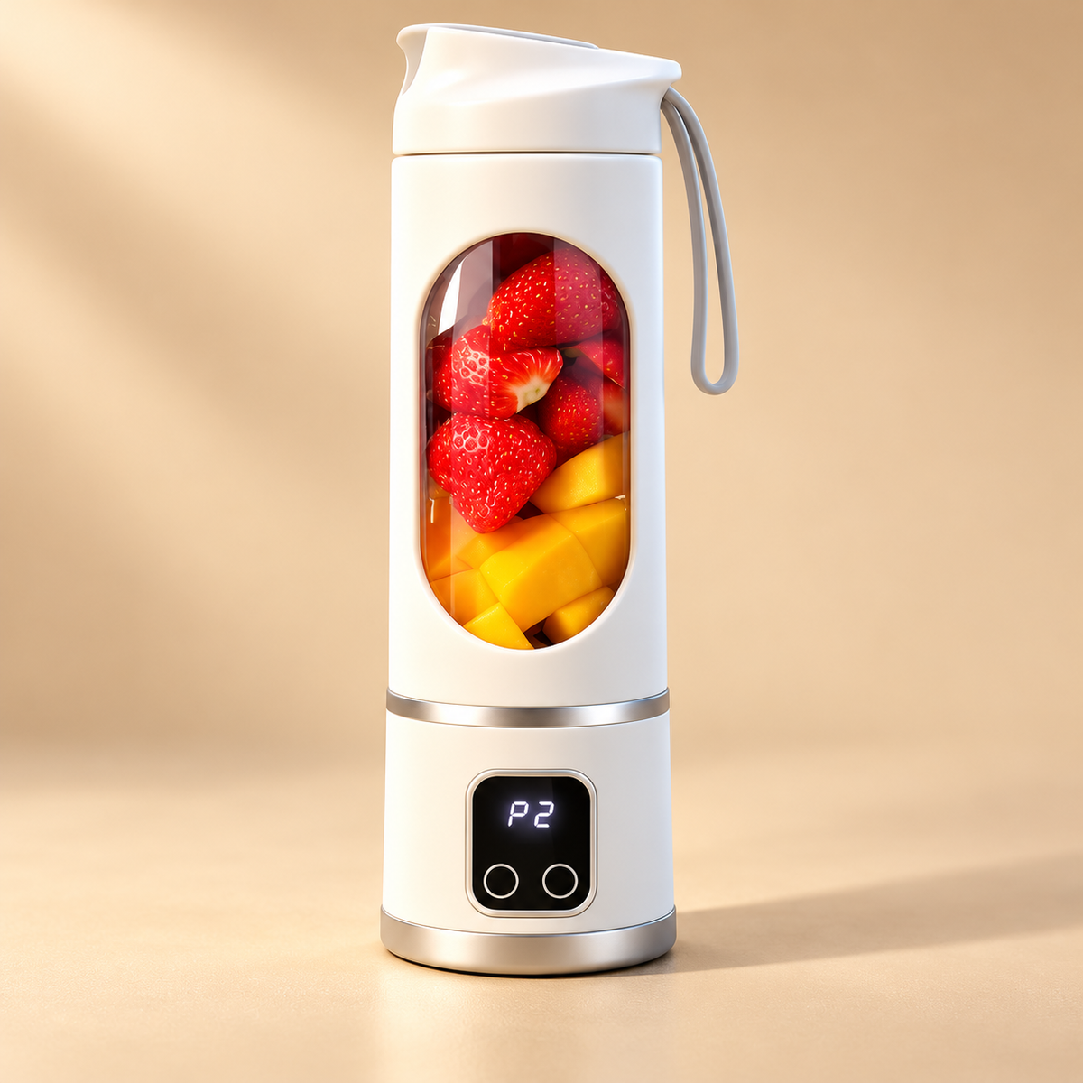 A white portable blender filled with strawberries and mango on a warm beige studio background.
