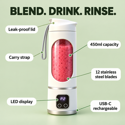 Infographic of the white portable blender with callouts for the leak-proof lid, carry strap, LED display, 450ml capacity, 12 stainless steel blades and USB-C charging.