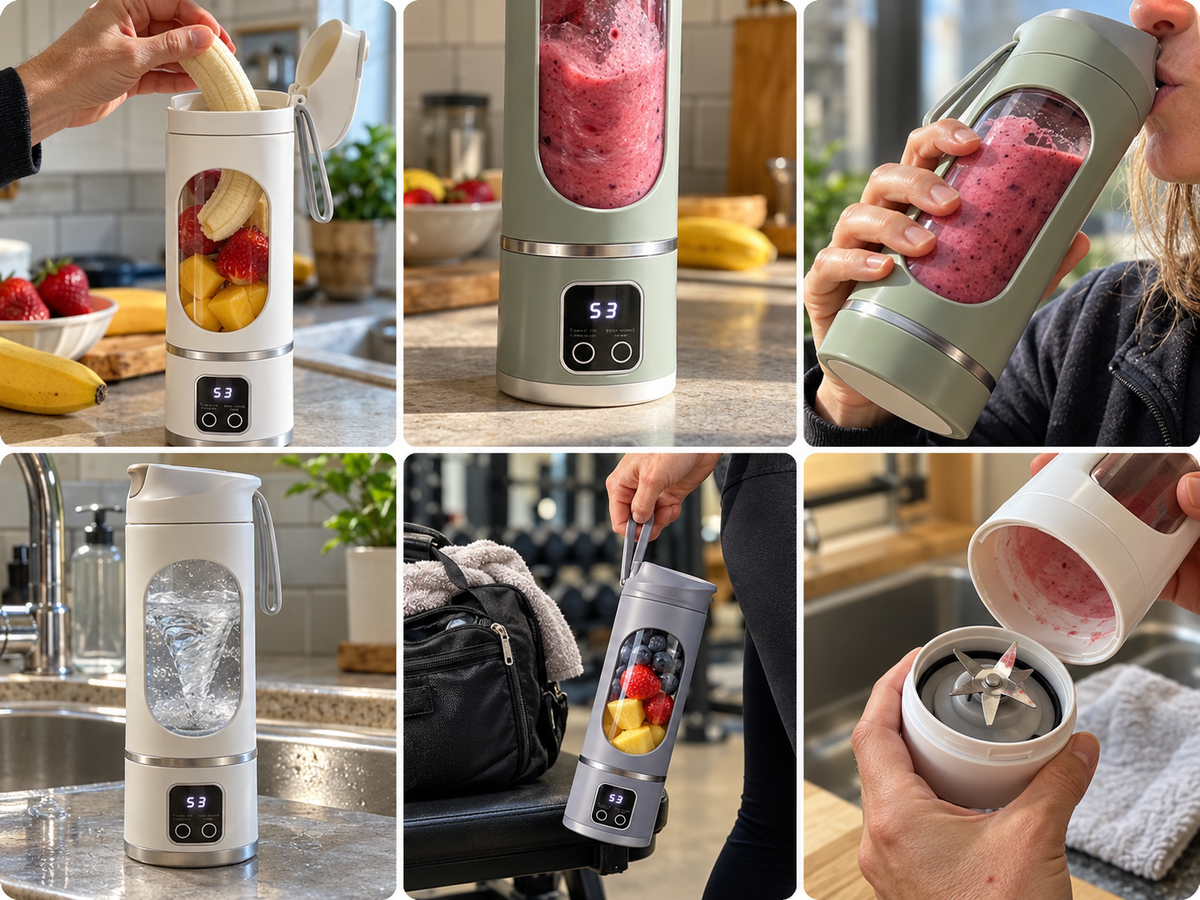 A grid of six everyday photos of the portable blender: adding a banana, the LED display, drinking a smoothie, rinsing with water, carrying it to the gym and unscrewing the cup.