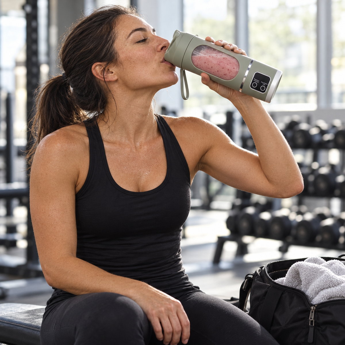 A woman in workout clothes drinks a protein smoothie straight from a sage green portable blender on a gym bench.