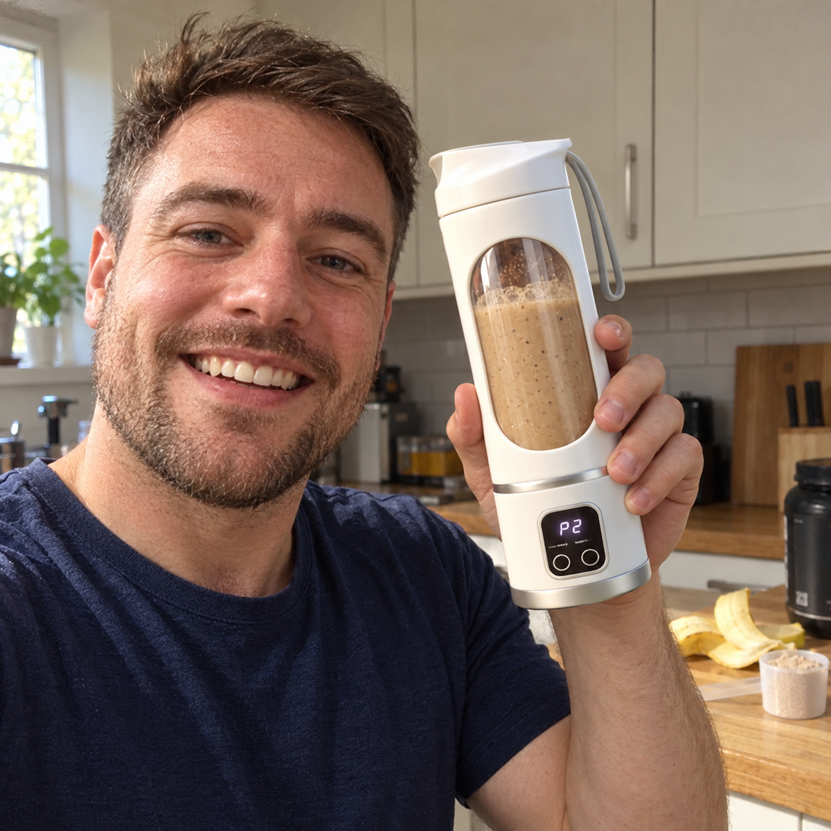 A smiling man in his kitchen holds up a white portable blender filled with a banana protein shake.