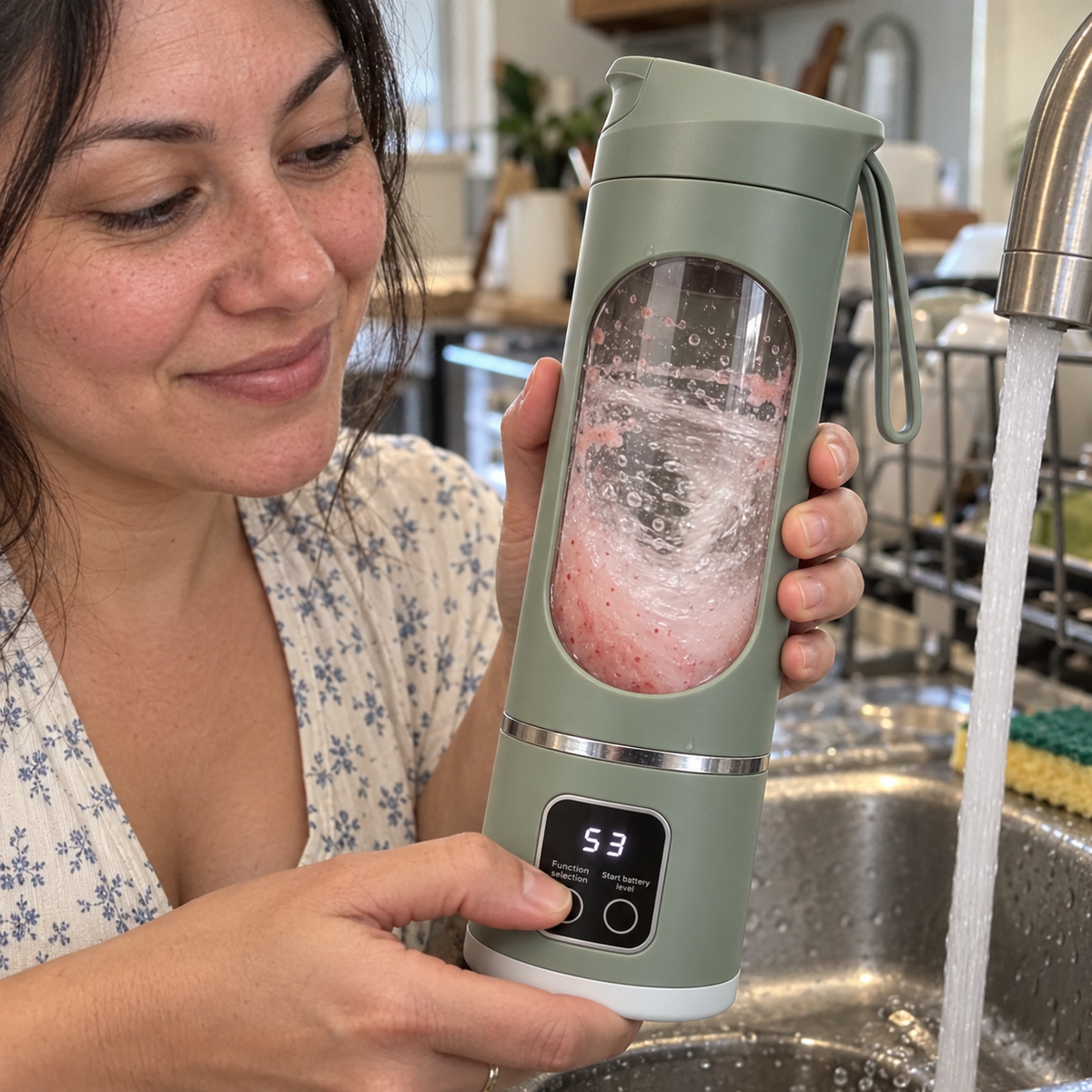 A woman at a kitchen sink rinses a sage green portable blender by blending water in it.