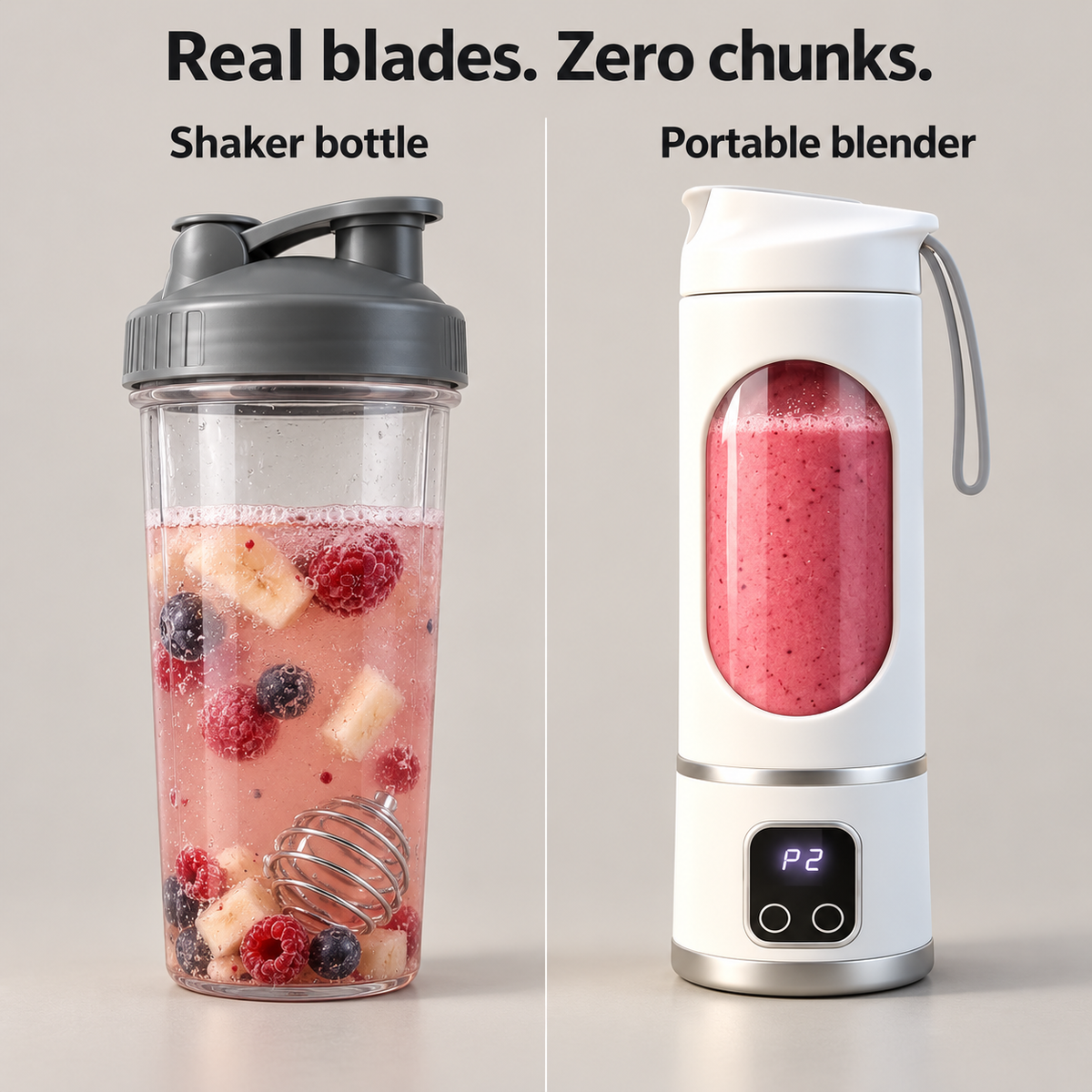 Comparison of a shaker bottle with fruit chunks next to the portable blender holding a smooth berry smoothie.